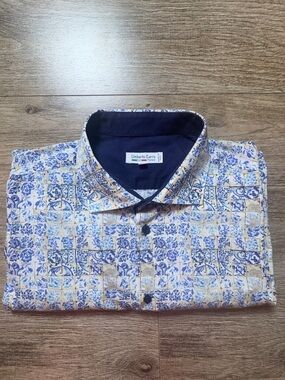 Men's Blue & Cream Umberto Carro Tile-Print Button-Up Shirt